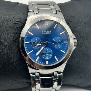 George Diamond Silver Blue Dial Men’s Watch Working New Battery